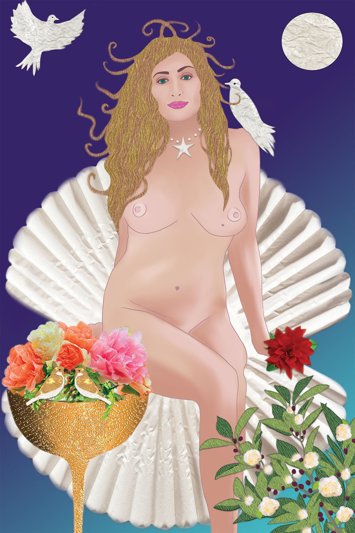 Greek Goddess Aphrodite sitting on a Paper shell surrounded doves and a Golden Cups with Paper flowers and 2 little sparrows - Digital Collage -