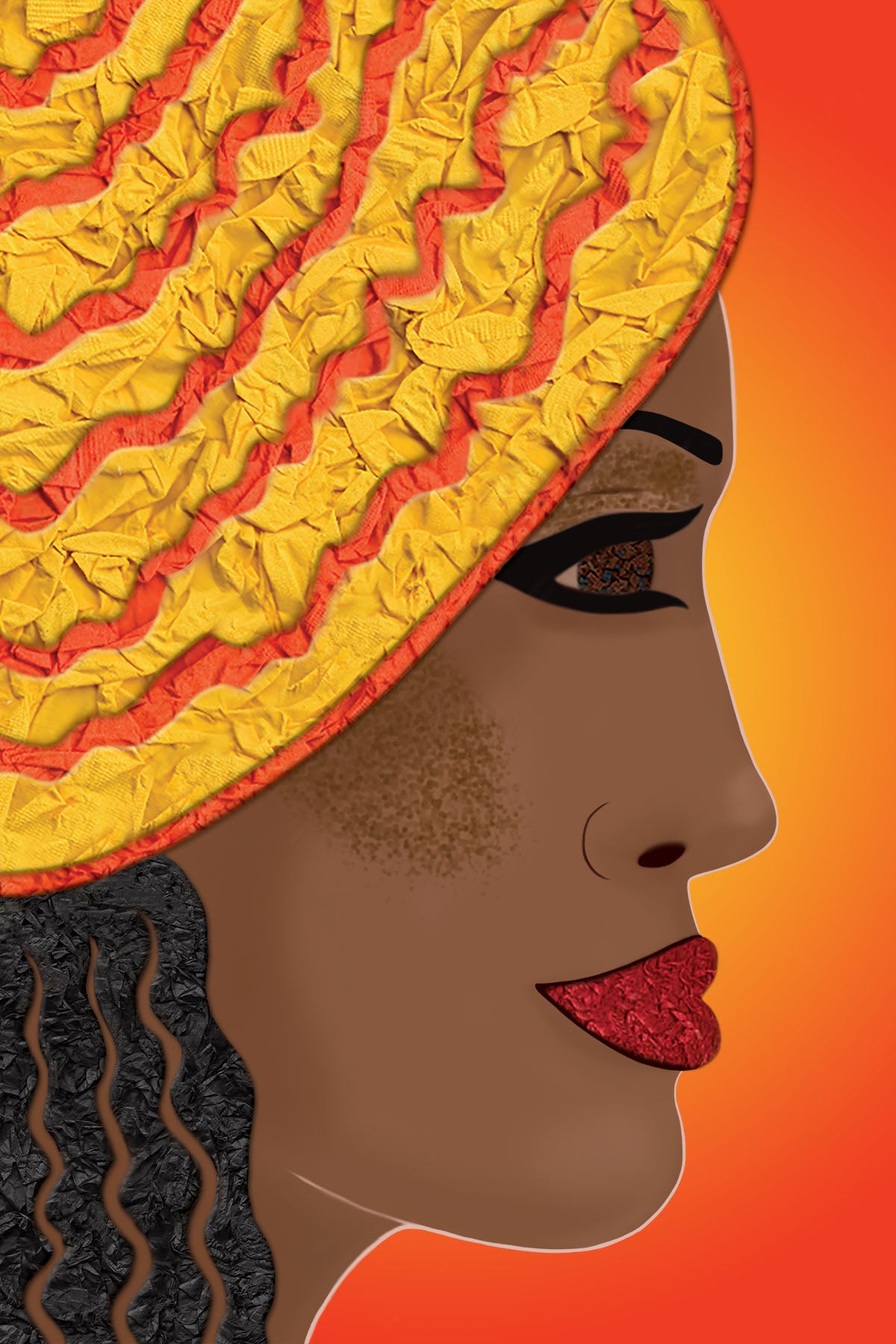 African woman with Hat - Vibrant Digital Collage with handcrafted Paper textures- Paper Hat - Paper Art -