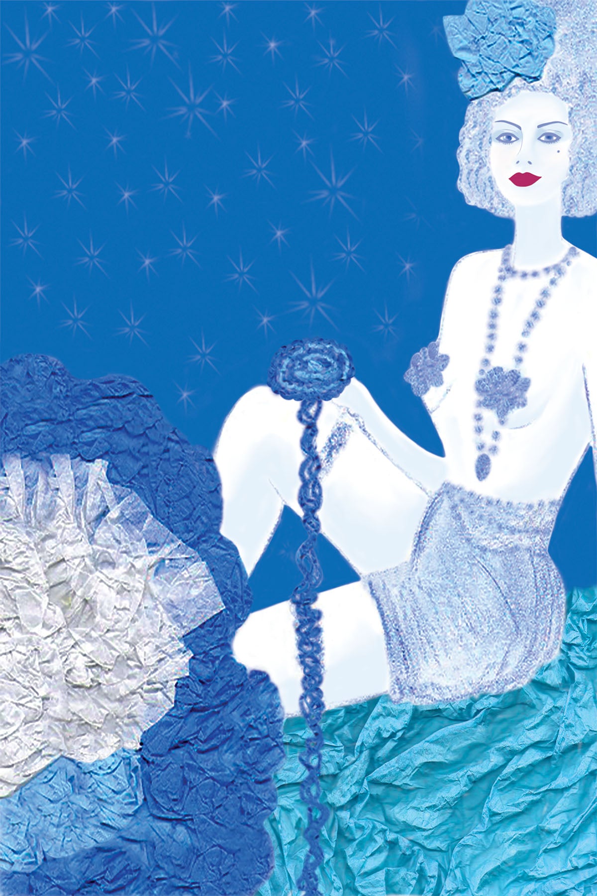 Cabaret Dancer in Blue Costume - Vibrant Digital Collage with handcrafted Paper textures-Sketch of Feminine Figure -