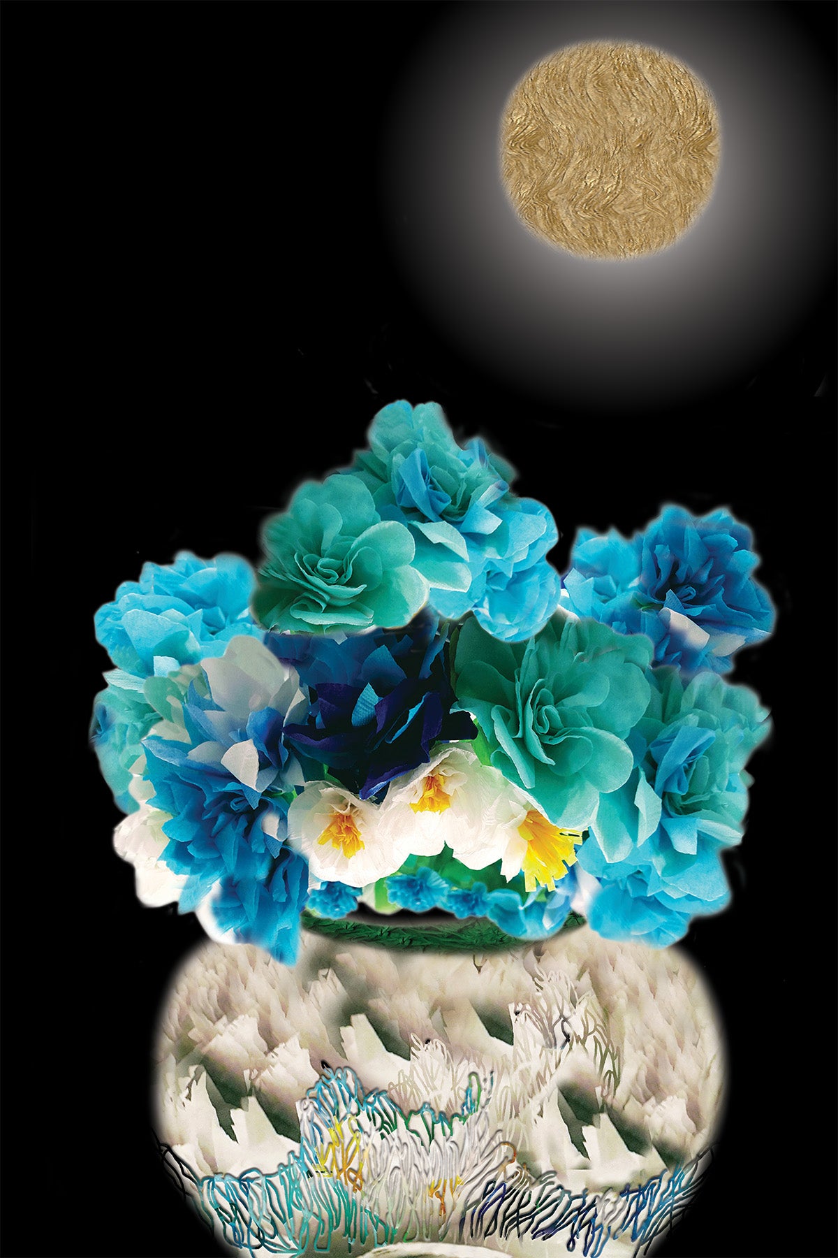 Blue Moon - Vibrant Digital Collage with handcrafted Paper flowers and textures - Paper Impressionism - Paper Art -