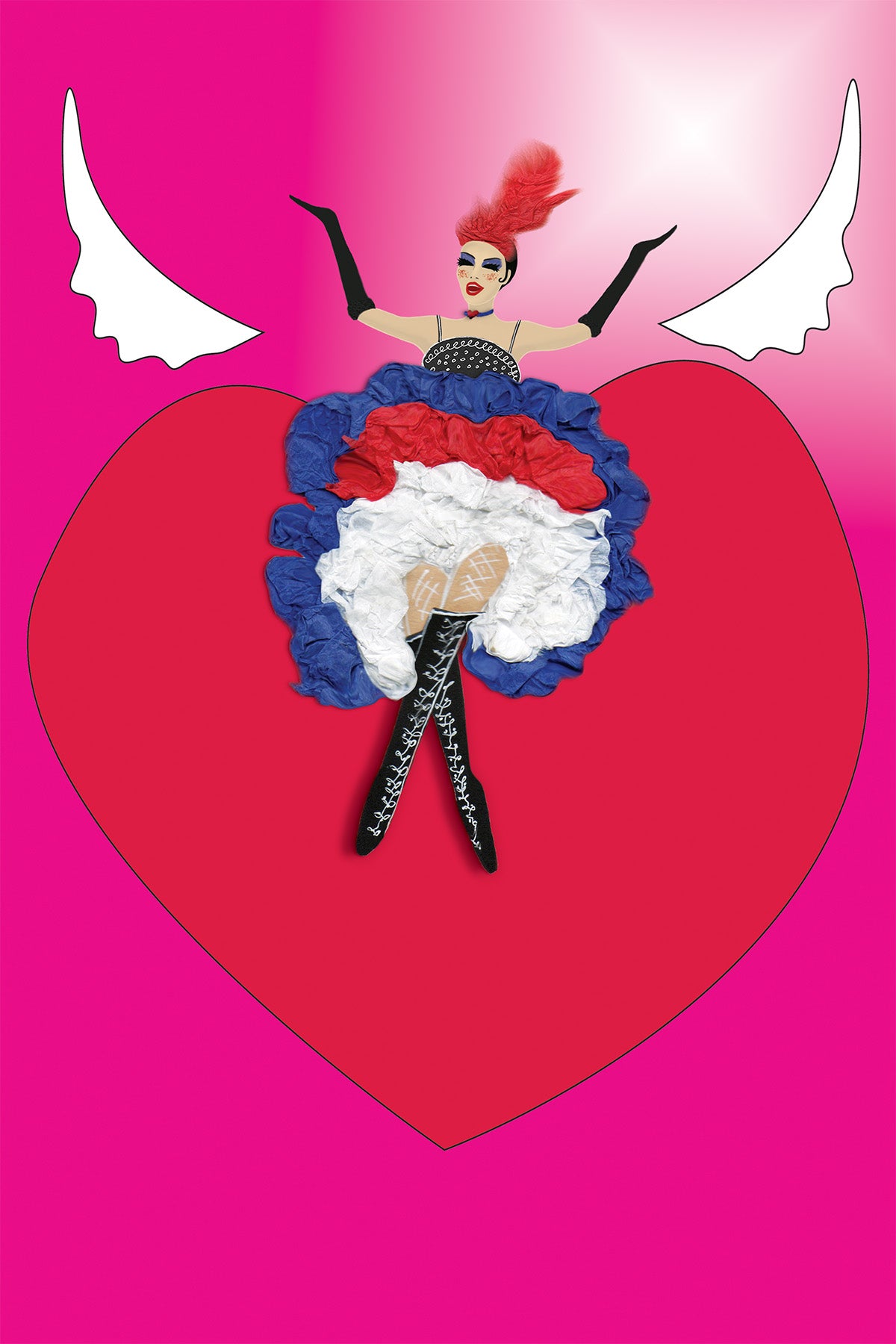 Cancan Dancer singing on a Flying Heart -Vibrant Digital Collage with handcrafted Paper textures - Festive Cancan Dancer -