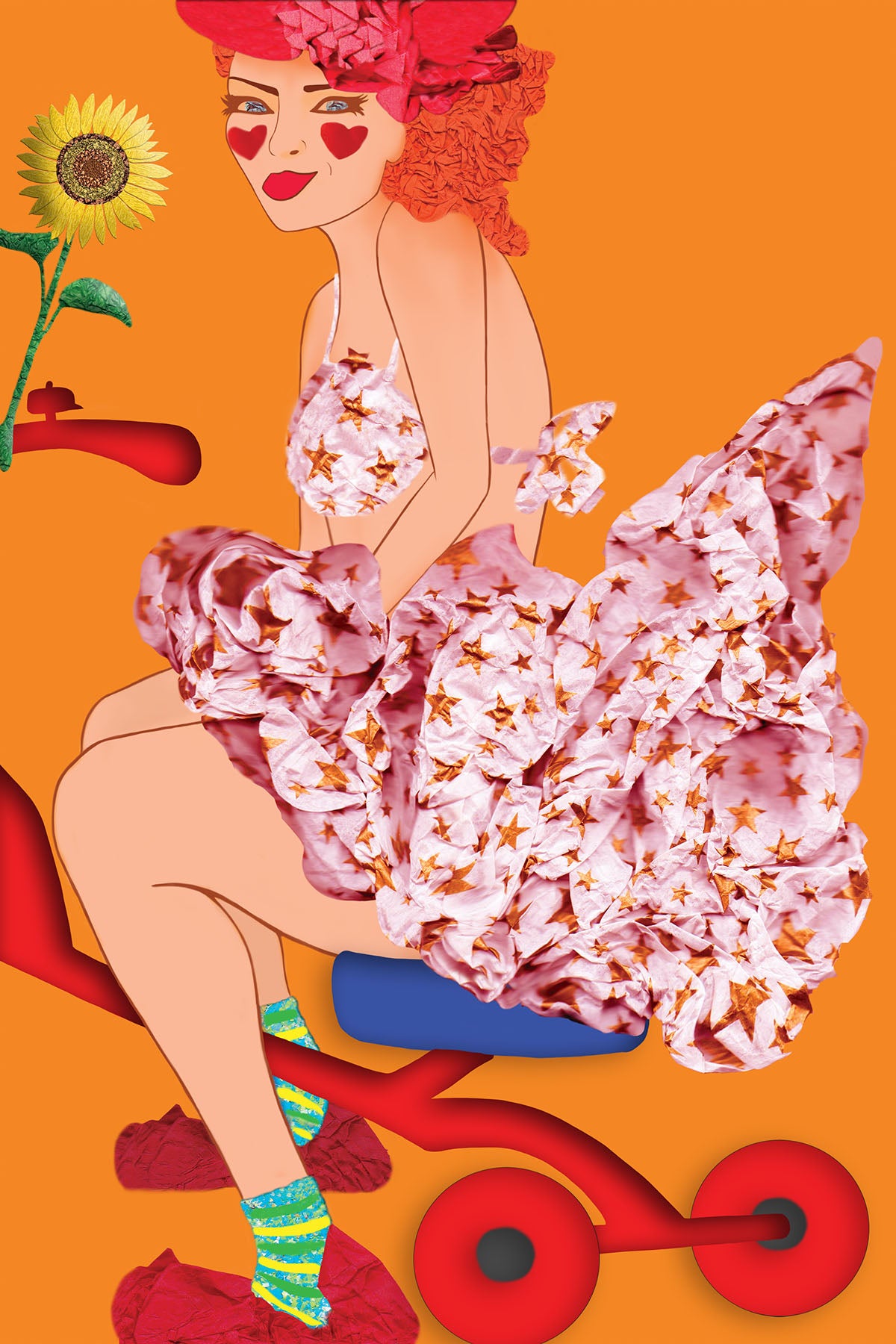 Clown-Girl in Paper costume - Vibrant Digital Costume with handcrafted Paper textures - Circus Collection by Nathalie Boyer-