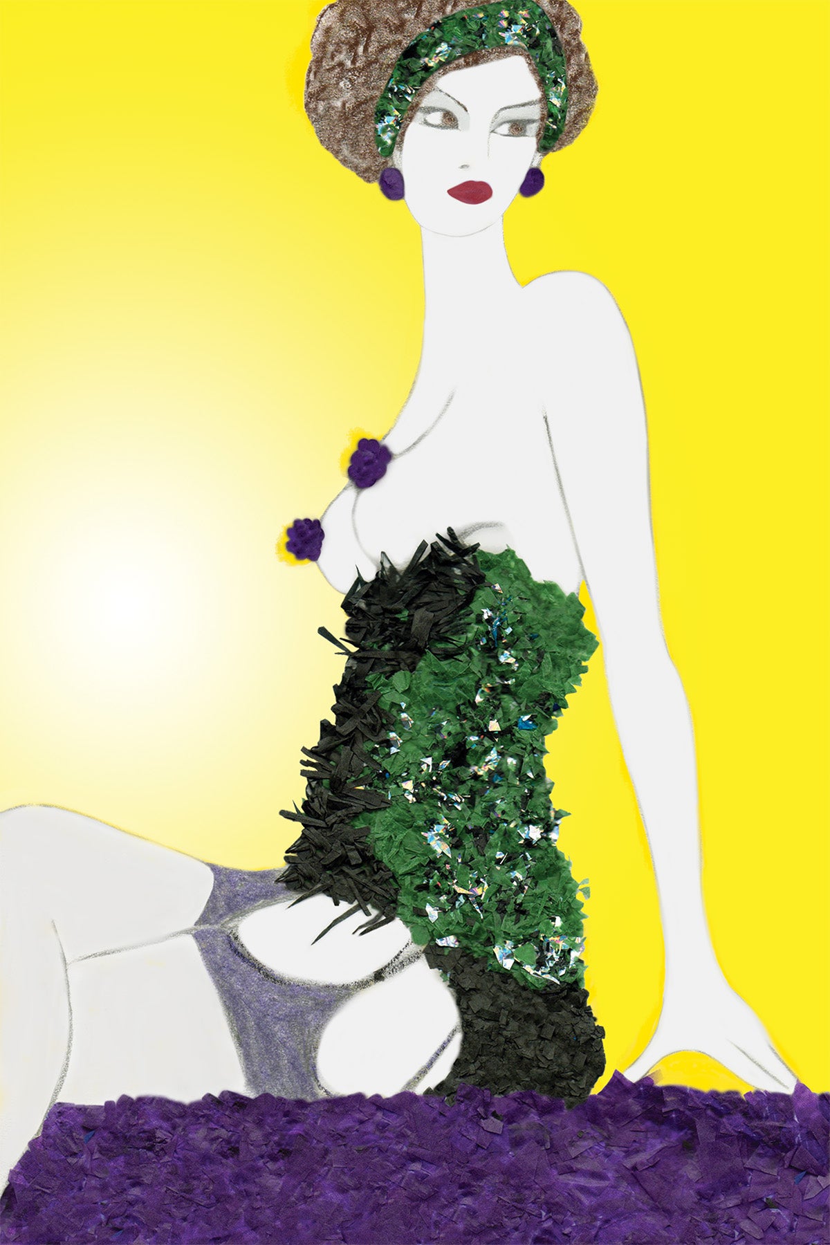 Sketch of Cabaret Dancer in Daring Paper Costume - Vibrant Digital Collage with handcrafted Paper textures - Paper Tease