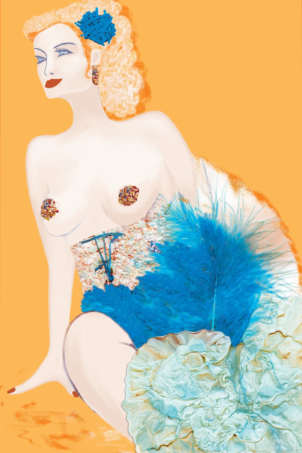 Cabaret Dancer in daring costume- Vibrant Digital Collage with handcrafted Paper textures- Paper Art-Paper Tease -