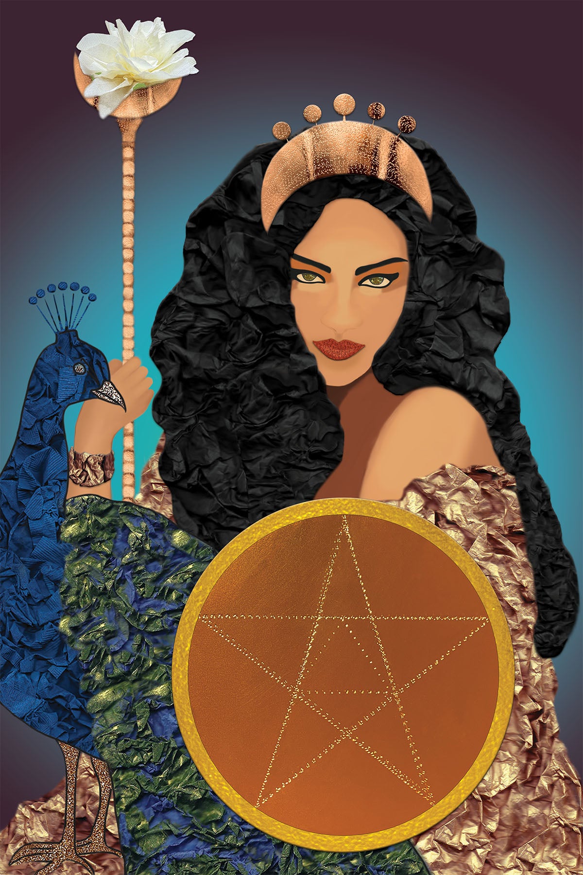 Greek Goddess Hera in a Golden Paper robe holding a Spectre and a Pentagram Blazon with her Blue Peacock - Digital Collage - Paper Art - Paper Impressionism