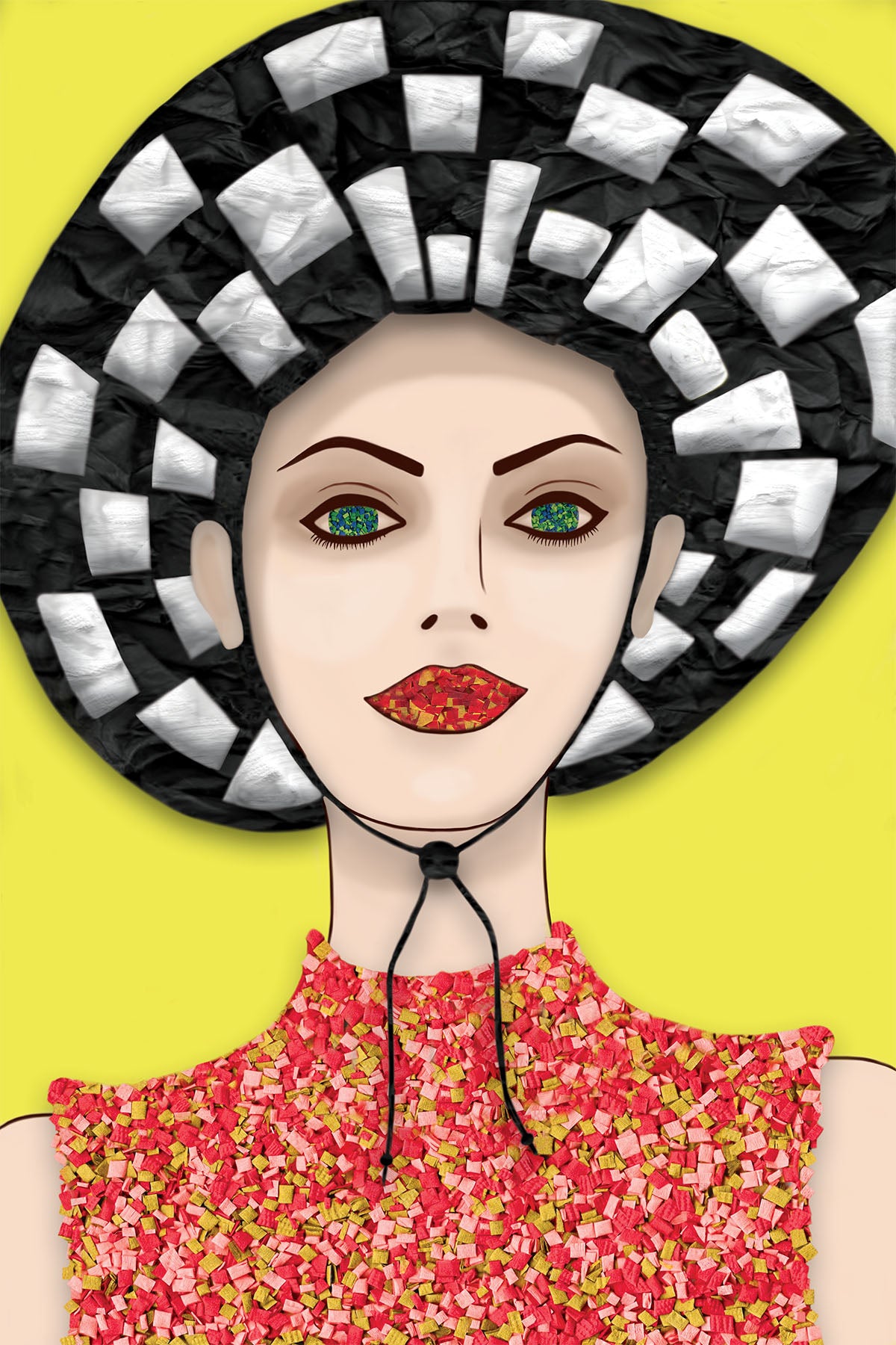 English Woman with Checkered Hat - Vibrant Digital Collage with handcrafted Paper textures - Paper Hat - Paper Art -