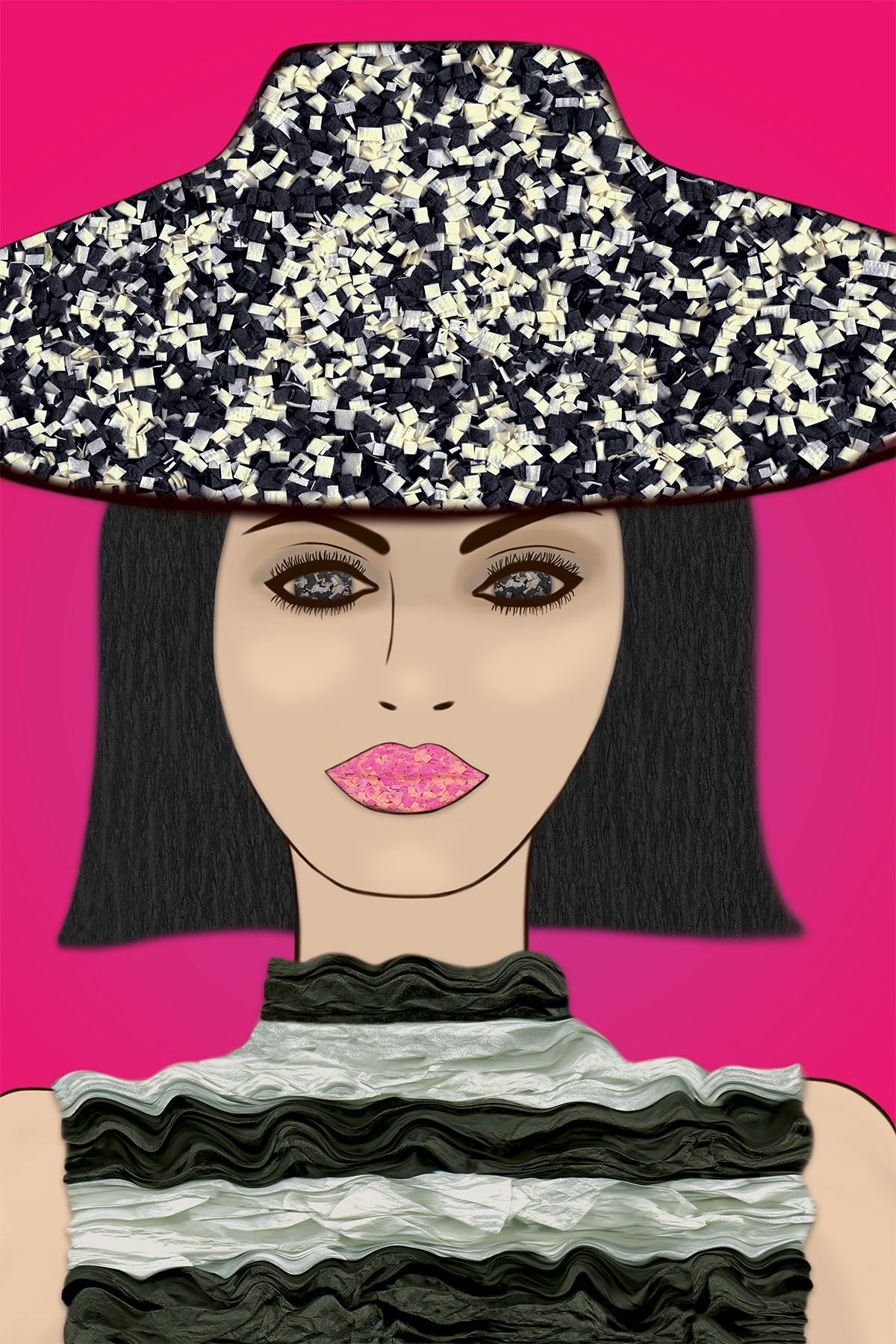 Asian Woman with Hat - Vibrant Digital Collage with handcrafted Paper textures - Paper Hat - Paper Art -