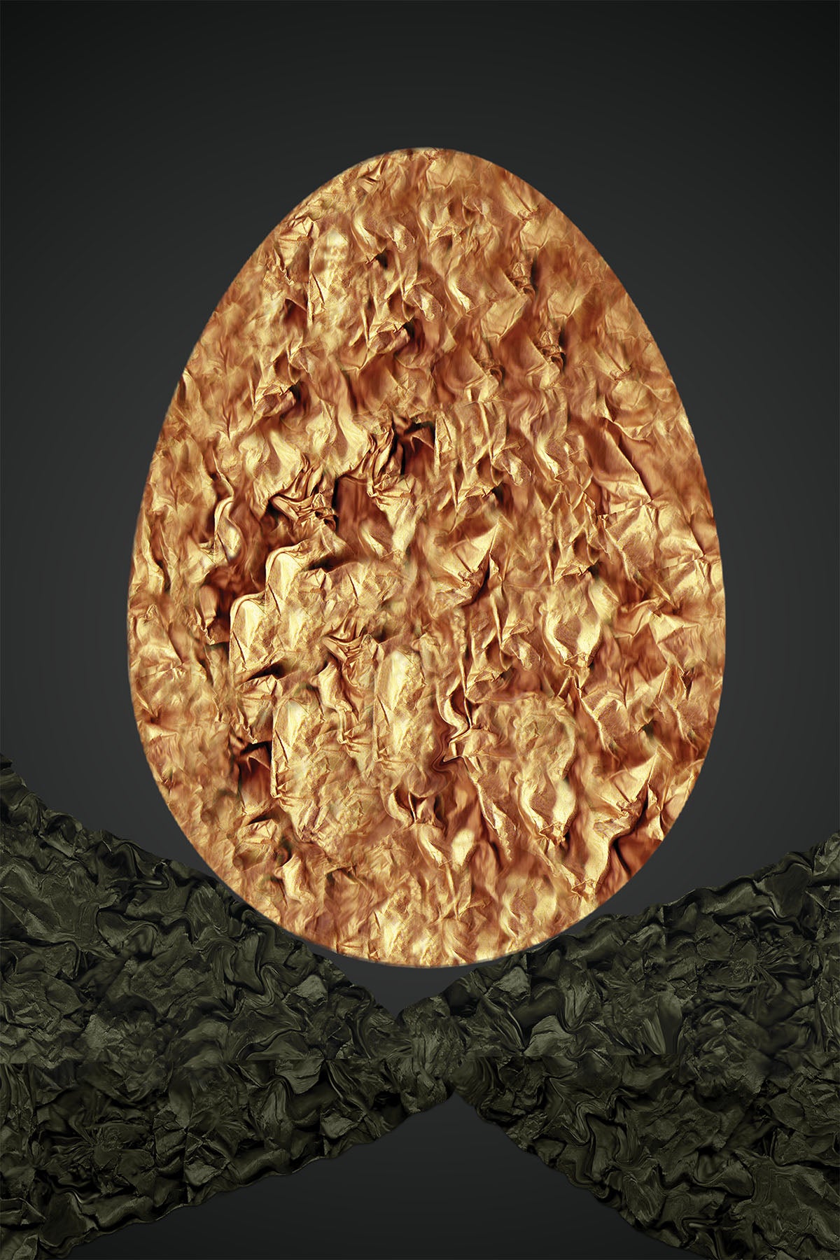 Golden Paper egg-shaped standing on 2 dark fishes on a dark gradient - Surrealism Digital Collage - Paper Art -