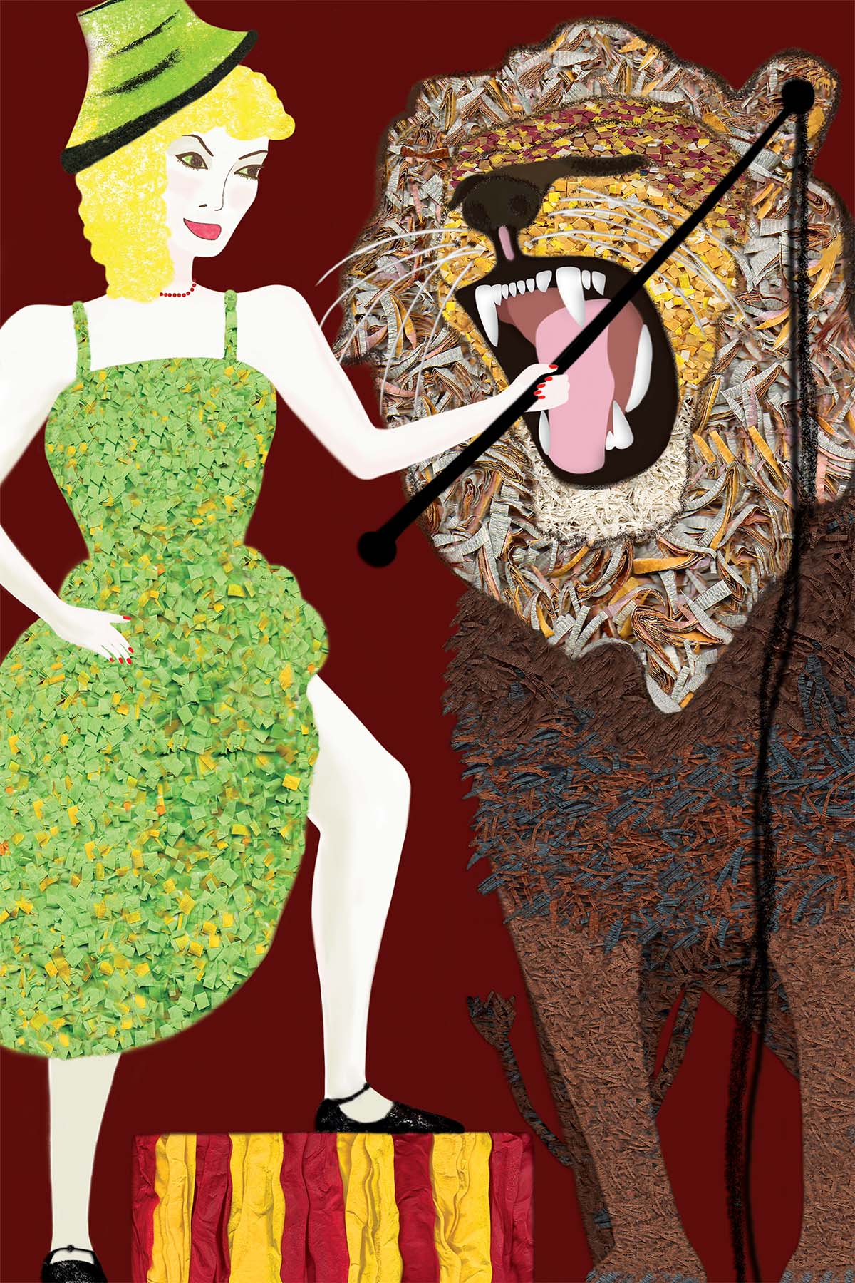 Fierce Lion Tamer - Vibrant Digital Collage with handcrafted Paper Textures - Circus Collection by Nathalie Boyer