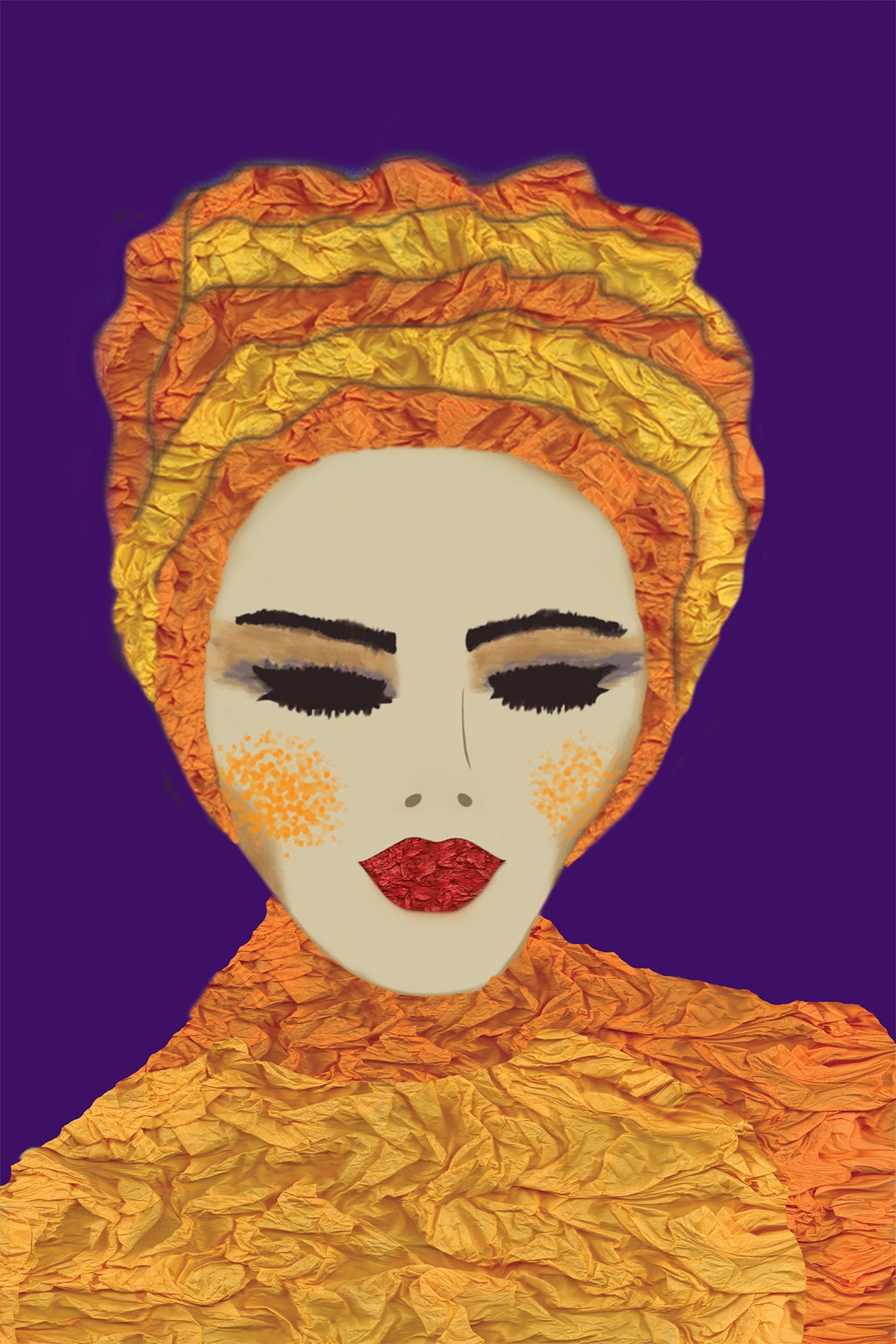 Woman with Hat - Vibrant Digital Collage with handcrafted Paper textures - Paper Hat - Paper Art -