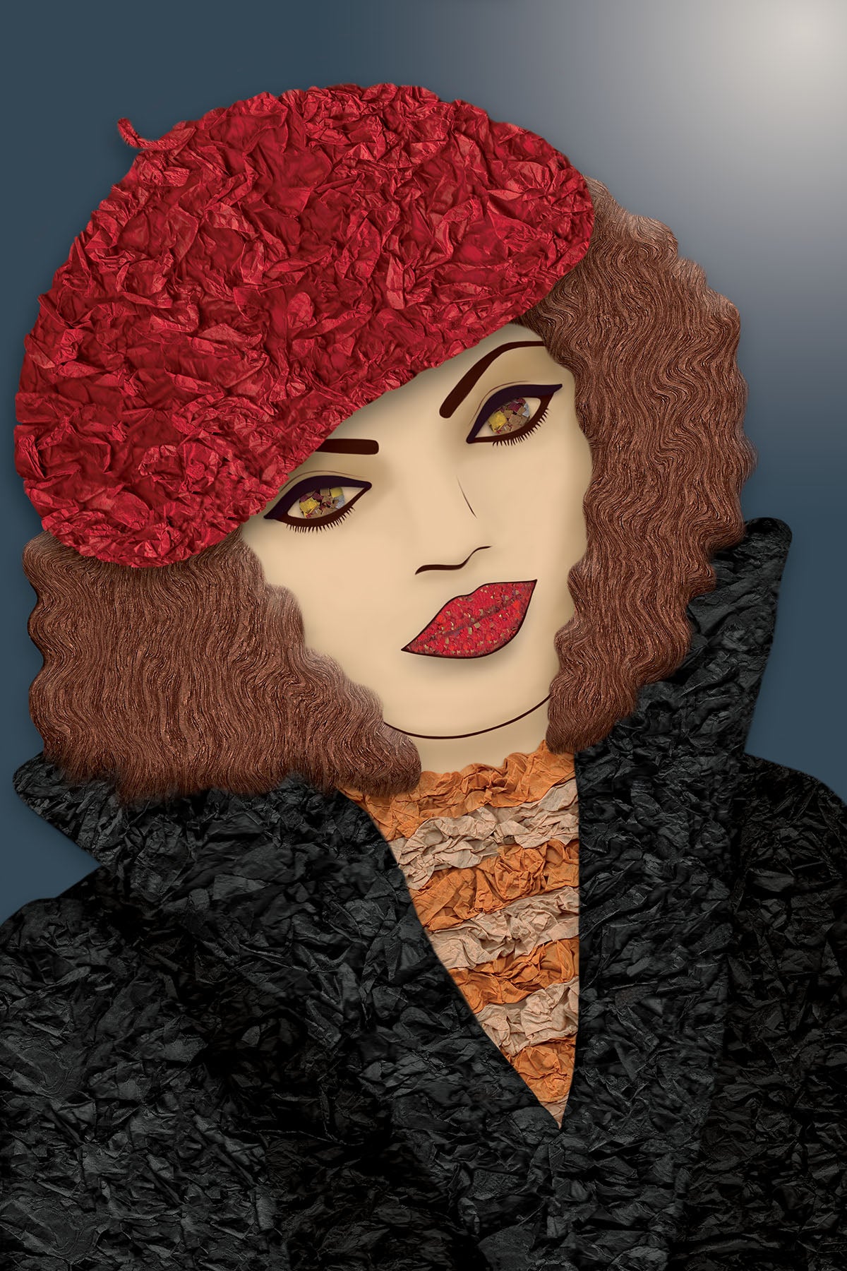 French Woman with Red Beret - Vibrant Digital Collage with handcrafted Paper textures - Paper Art - Paper Hat -