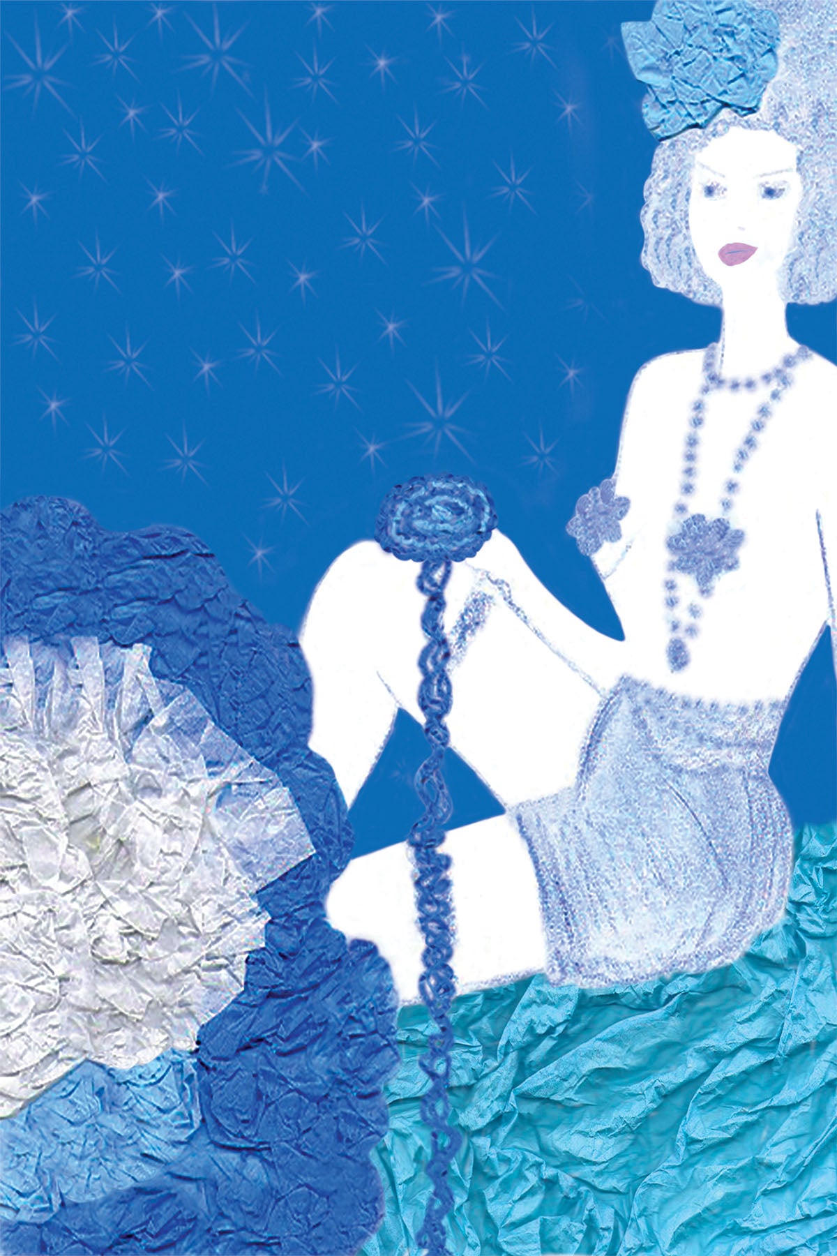 Cabaret Dancer in Blue - Vibrant Digital Collage with handcrafted Paper textures - Feminine Figure In Paper Costume -