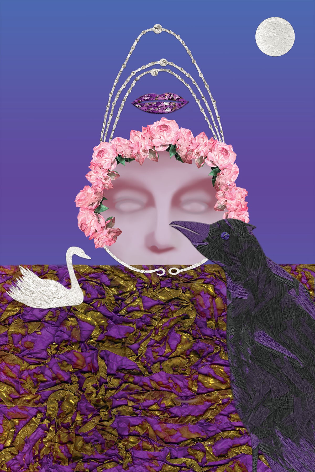 Surrealist Paper textures Digital Collage with floral headpiece, swan, black bird , and moon on a purple background -