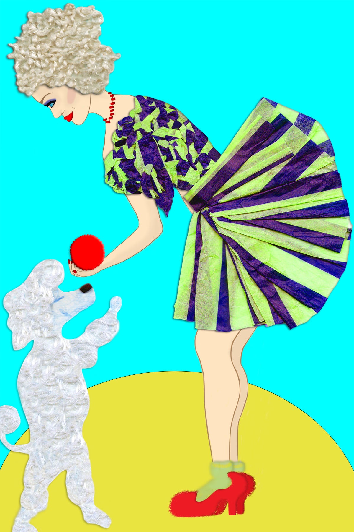 Poodle Lady and Poodle - Vibrant Digital Collage with handcrafted Paper textures - Circus Collection by Nathalie Boyer