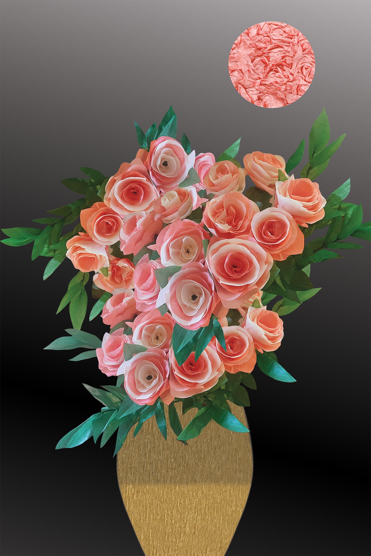 Bouquet of Pink Paper Flowers with a Pink Moon in a black Gradient - Modern Digital Collage with handcrafted Paper textures -