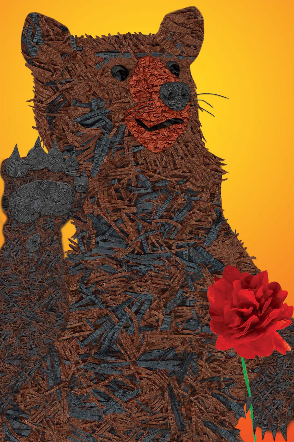 Romantic Brown Bear with Red Rose - Vibrant Digital Collage with handcrafted Paper textures - Circus Collection by Nathalie Boyer -