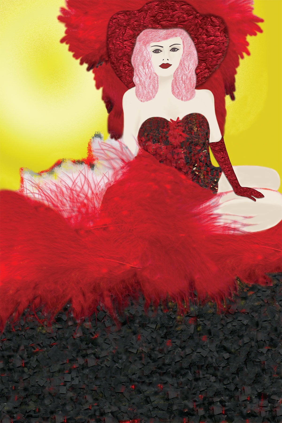 Sketch of Cabaret Dancer in Red Costume- Vibrant Digital Collage with handcrafted Paper textures - Paper Tease
