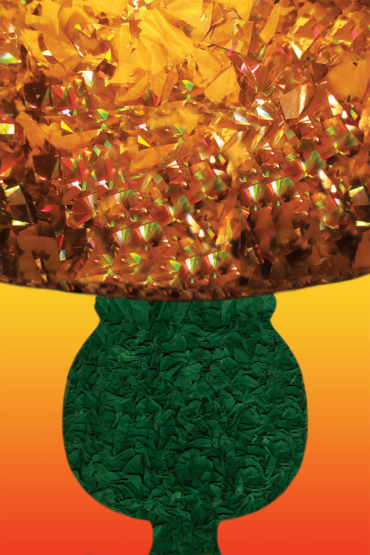 Decorative lamp with gold and green Paper Textures on a Orange gradient background - Vibrant Digital Collage with handcrafted Paper Textures -