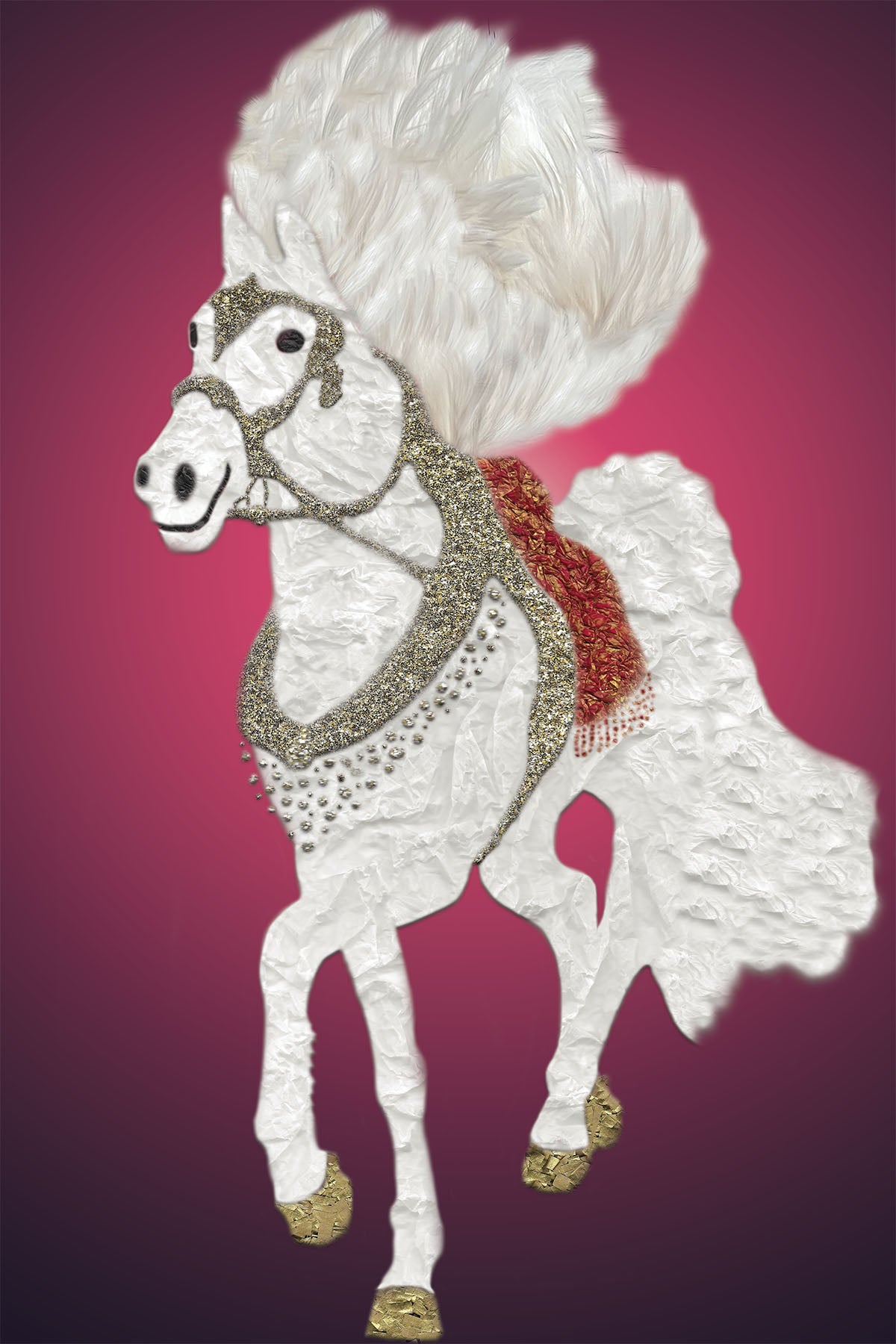 Beautiful Circus White Horse - Vibrant Digital Collage with handcrafted Paper Textures - Paper Art -
