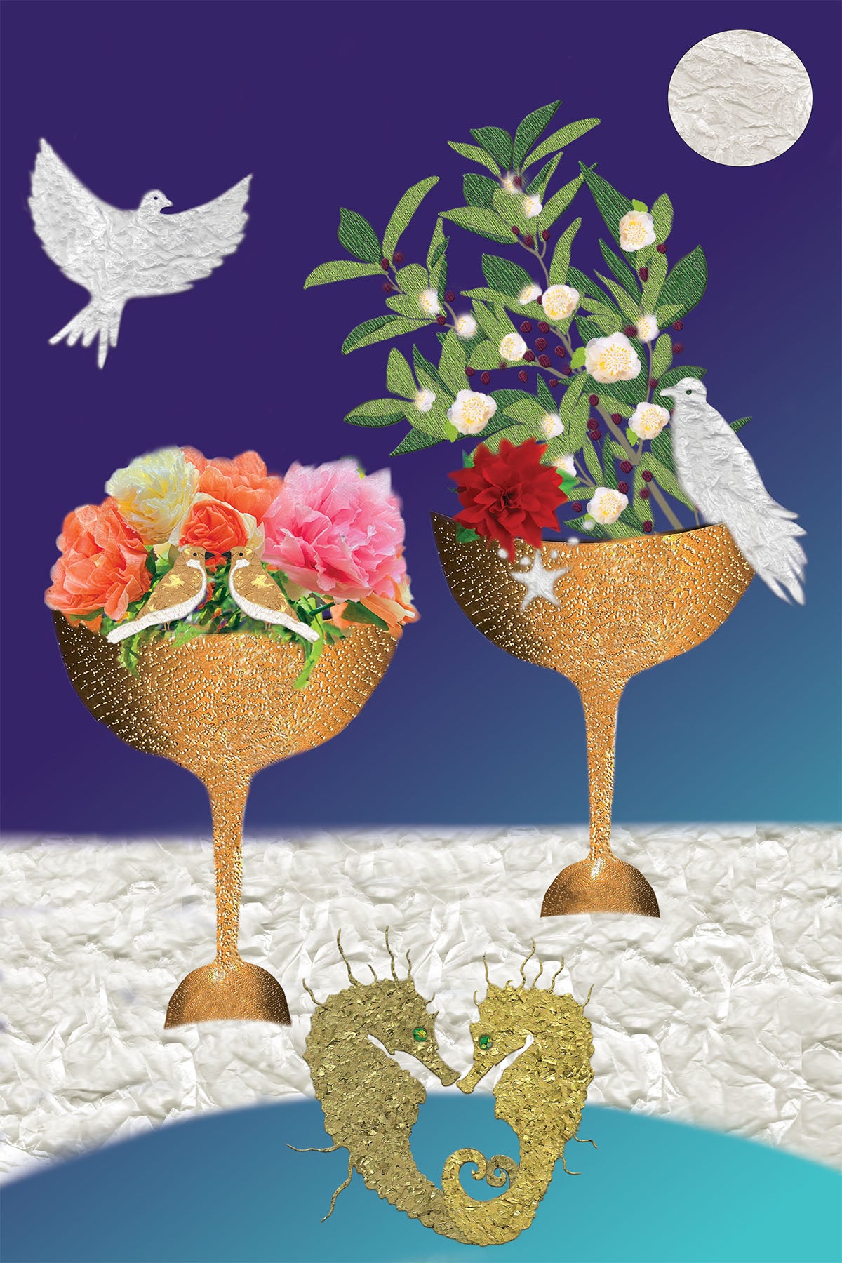 Waiting for Aphrodite - Vibrant Digital Collage with handcrafted Paper flowers and textures - 2 of Cups with birds - Hippocampus -