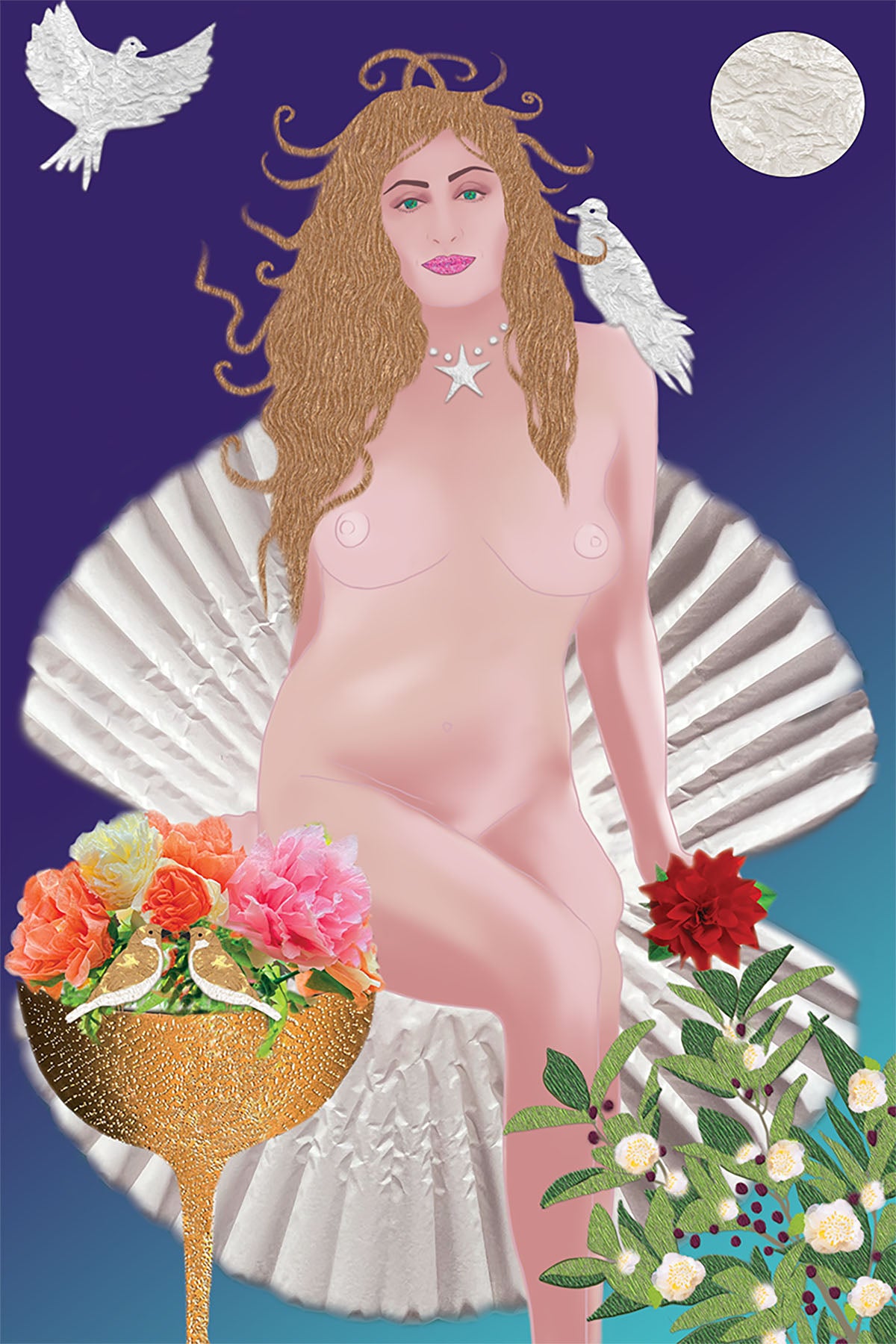 Aphrodite - Vibrant Digital Collage with handcrafted Paper flowers and textures - Paper Elements Collection by Nathalie Boyer