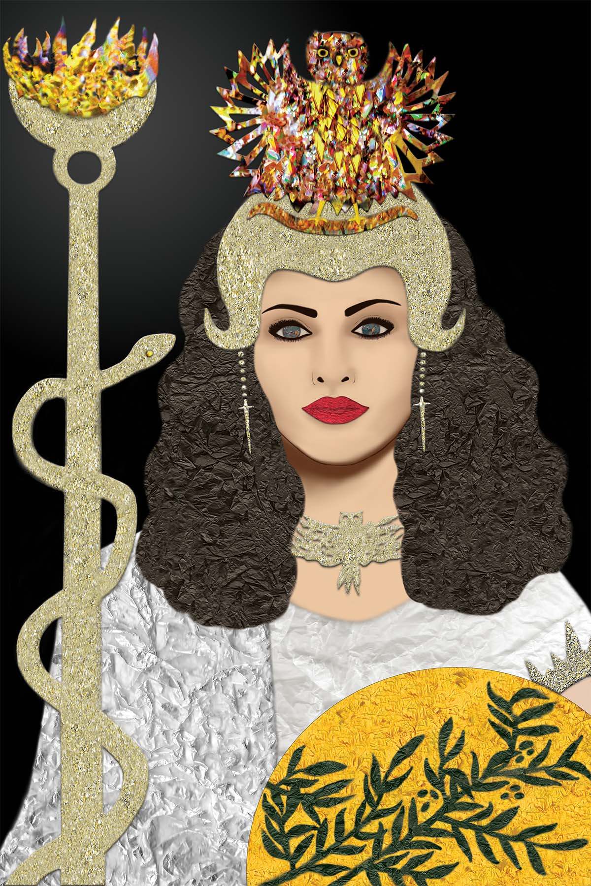Greek Goddess Athena in White Paper Robe with a Golden Blazon and a Owl on her head - Digital Collage -