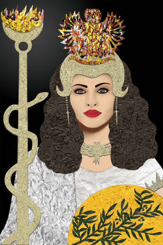 Greek Goddess Athena in White Paper Robe with a Golden Blazon and a Owl on her head - Digital Collage -