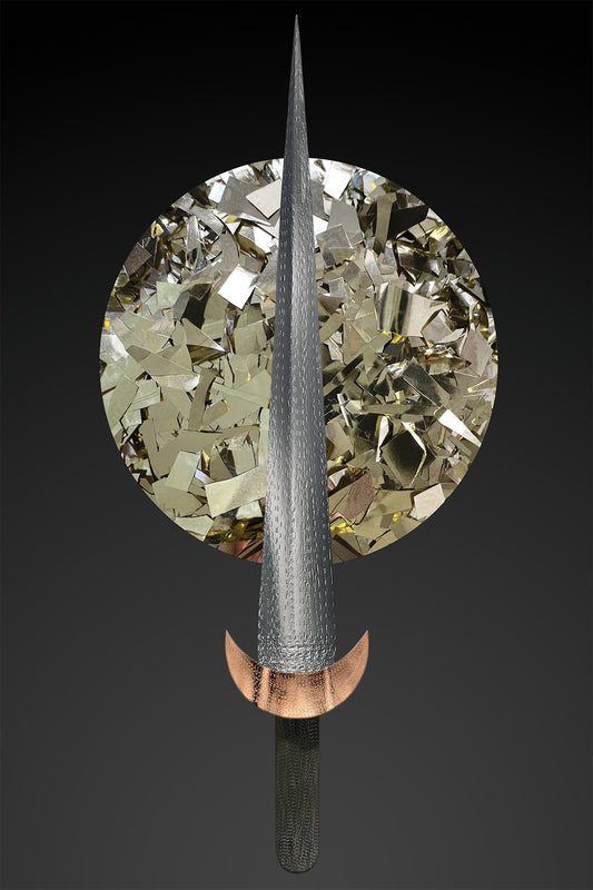 Digital Paper Collage of a Textured Sword and a Circle of Metallic Papers on a Dark Gradient - Ace of Swords Tarot Archetype