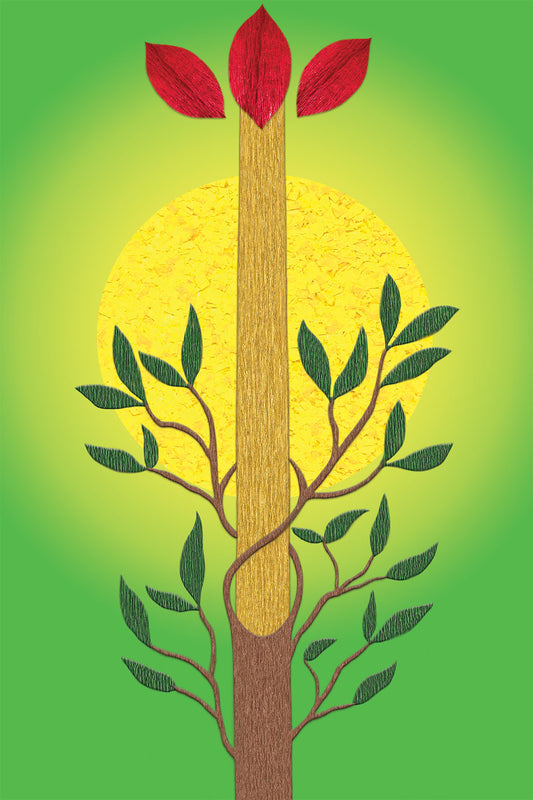 Tree illustration with red leaves on a green background
