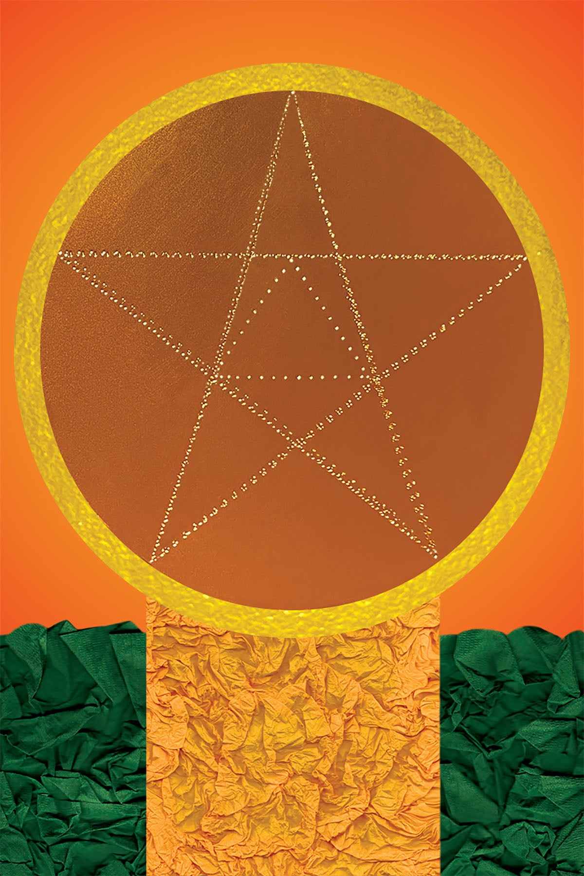 Golden Paper textures Pentacle on Green textures Paper and Orange Gradient - Vibrant Digital Collage - Paper Art -