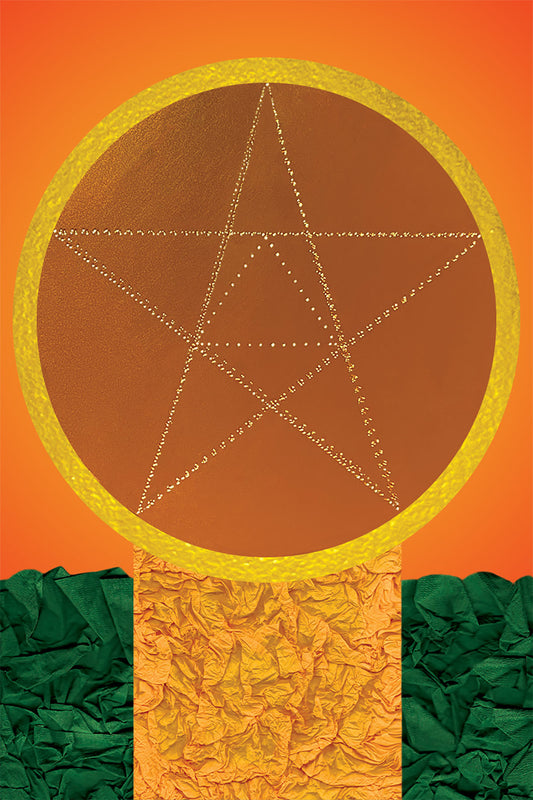 Golden Paper textures Pentacle on Green textures Paper and Orange Gradient - Vibrant Digital Collage - Paper Art -