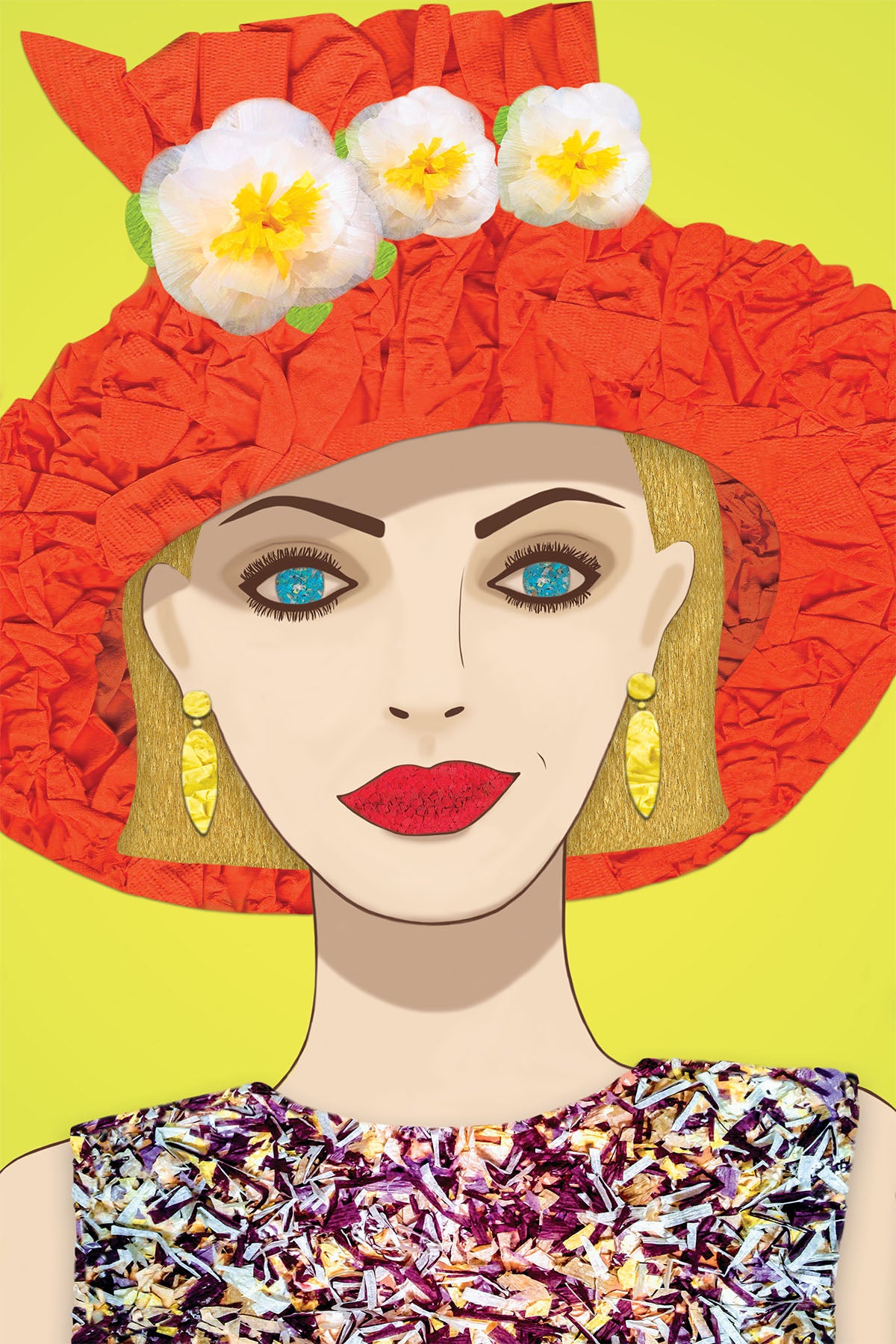 Woman in Orange Hat - Vibrant Digital Collage with handcrafted Paper flowers and textures - Paper Hat - Paper Art -