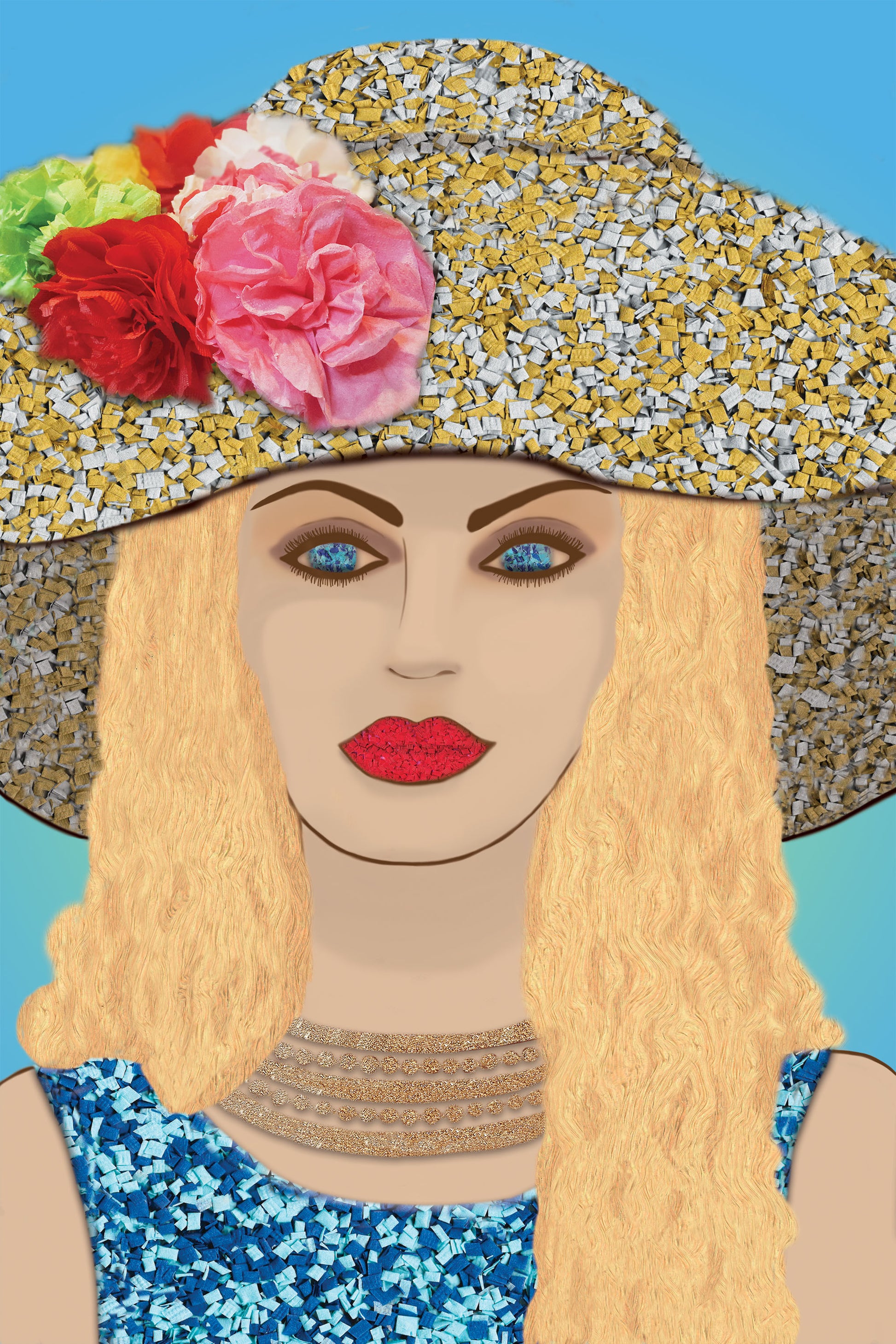 Woman with Hat - Vibrant Digital Collage with handcrafted Paper flowers and textures - Fashion Collection by Nathalie Boyer -