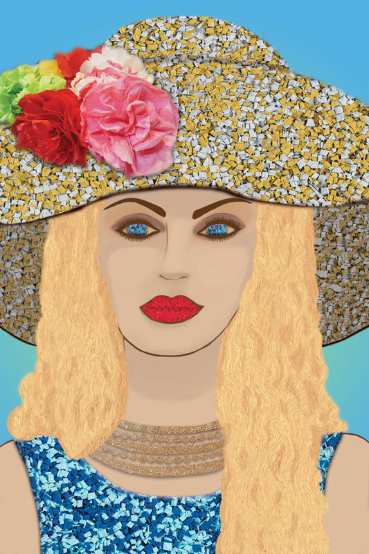 Woman with Hat - Vibrant Digital Collage with handcrafted Paper flowers and textures - Fashion Collection by Nathalie Boyer -