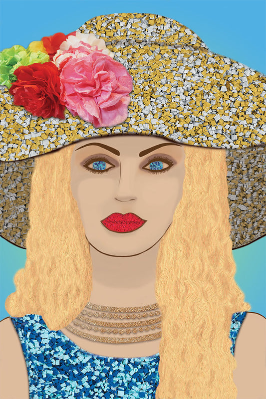 Woman with Summer Hat - Vibrant Digital Collage with handcrafted Paper flowers and textures - Paper Hat - Paper Art -