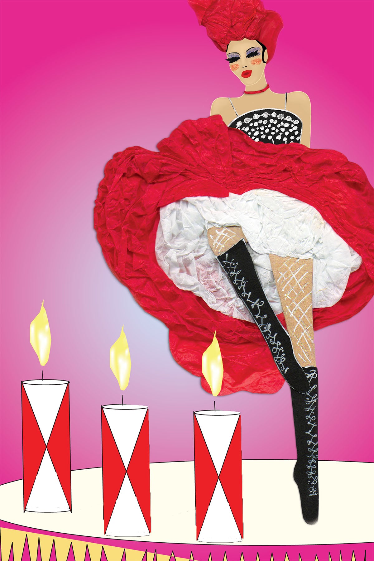 Festive Cancan Dancer dancing on a Birthday cake , with Pink background- Vibrant Digital Collage -