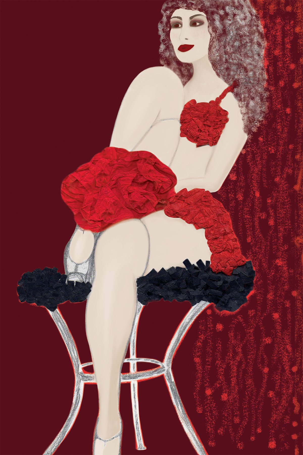 Cabaret Dancer in Red Costume - Vibrant Digital Collage with handcrafted Paper textures - Paper Art - Paper Tease