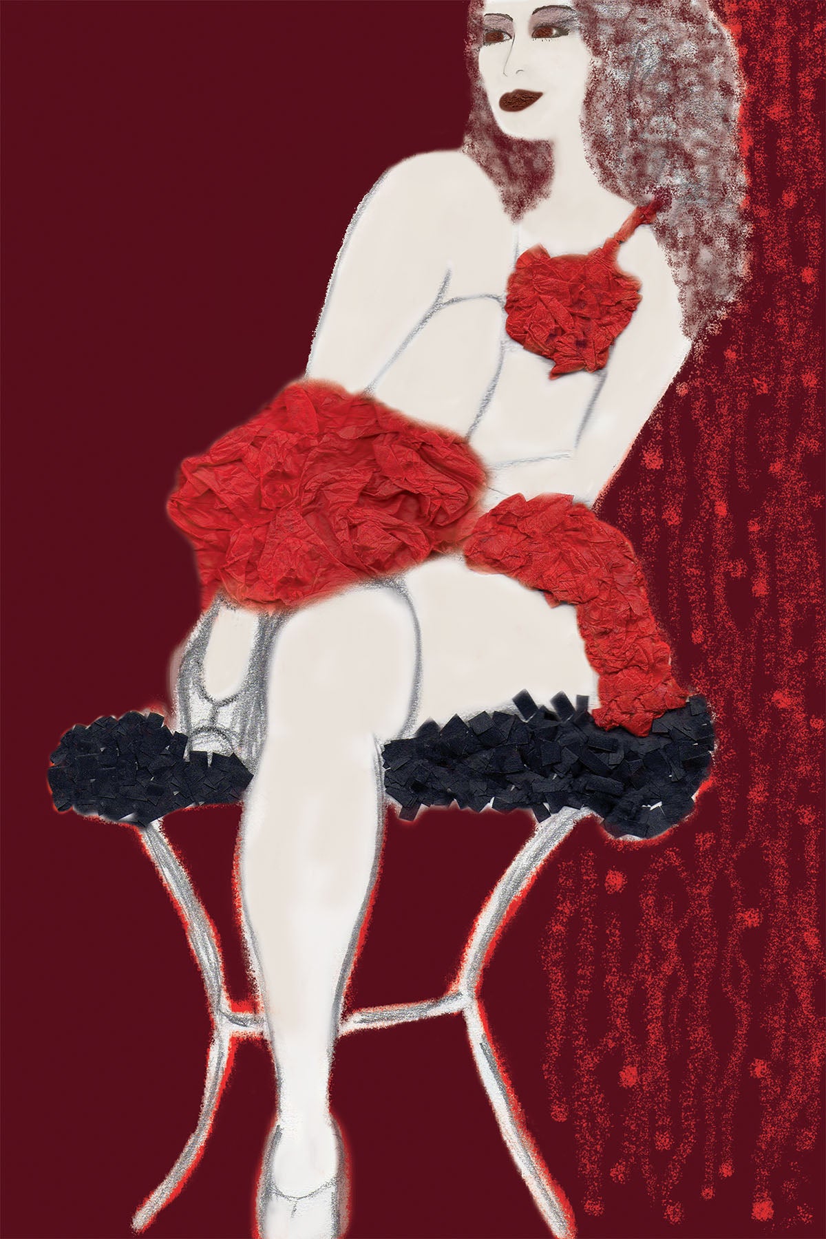 Carla - Cabaret Dancer in Red - Vibrant Digital Collage with handcrafted Paper textures - Cabaret Collection by Nathalie Boyer