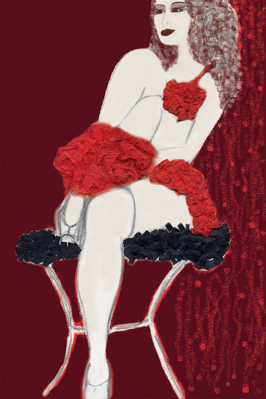 Carla - Cabaret Dancer in Red - Vibrant Digital Collage with handcrafted Paper textures - Cabaret Collection by Nathalie Boyer