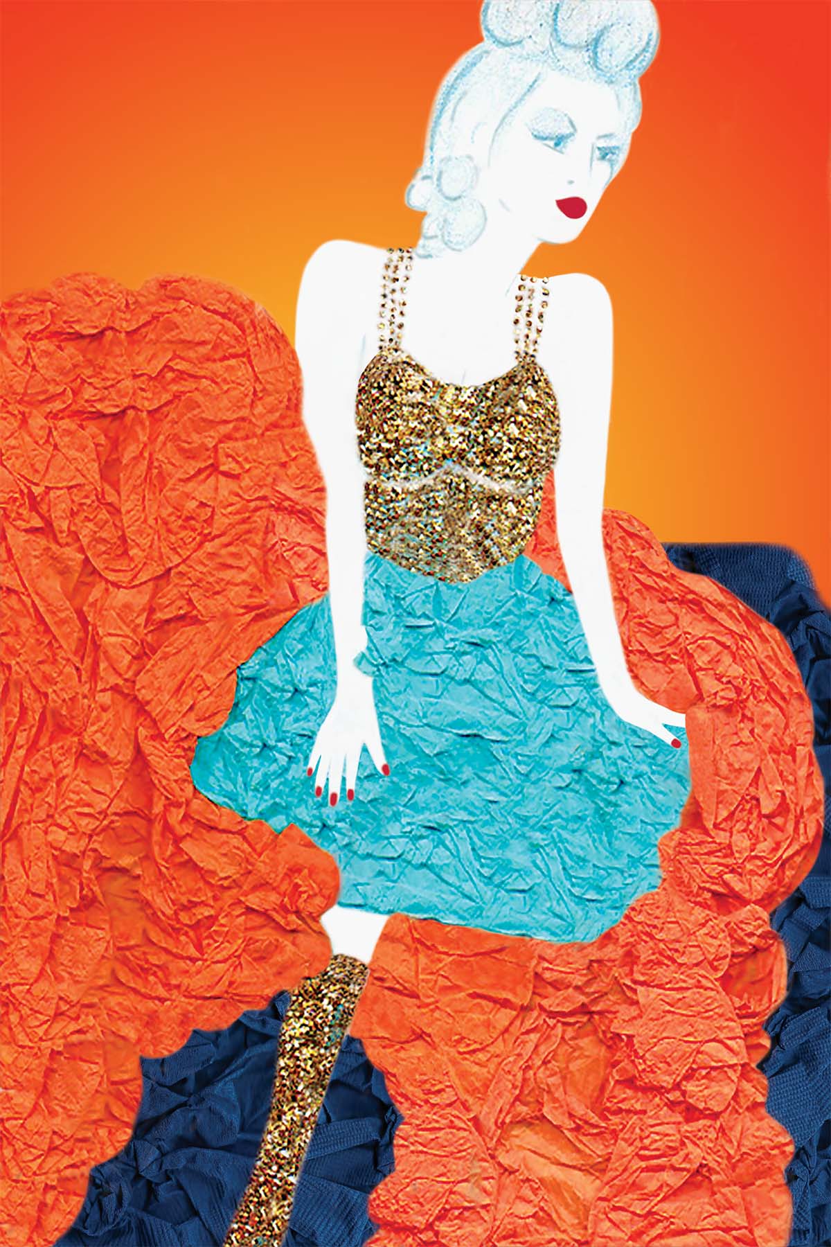 Cabaret Dancer in Orange - Vibrant Digital Collage with handcrafted Paper textures - Feminine Figure in Paper Costume - 