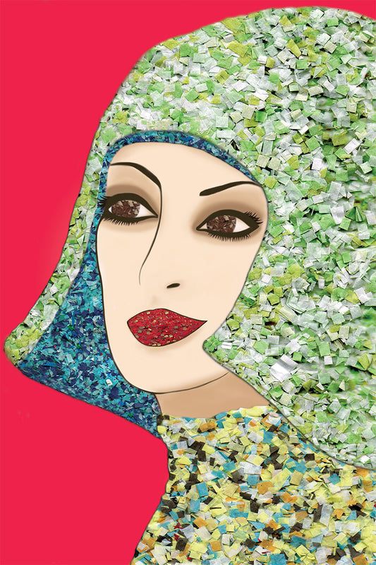 Woman with Green Hat - Vibrant Digital Collage with handcrafted Paper textures - Paper Hat - Paper Art - 
