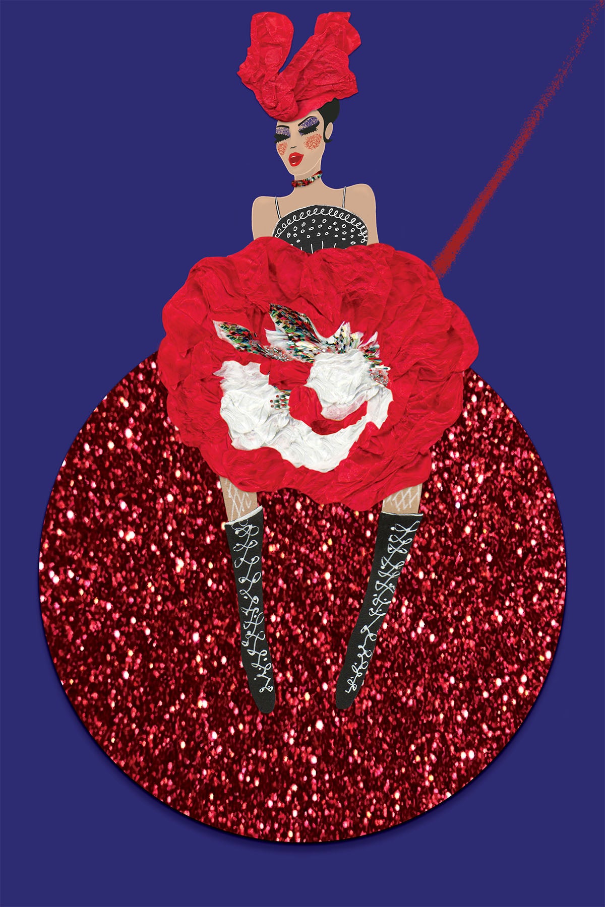 Christmas Cancan singing on a Christmas Ball - Vibrant Digital Collage with handcrafted Paper textures-