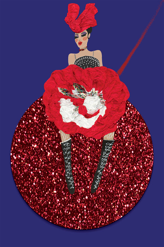 Christmas Cancan singing on a Christmas Ball - Vibrant Digital Collage with handcrafted Paper textures-