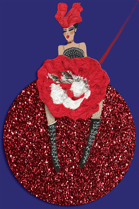 Cancan Dancer on a Christmas ball - Vibrant Digital Collage with handcrafted Paper textures - La Cancan by Nathalie Boyer