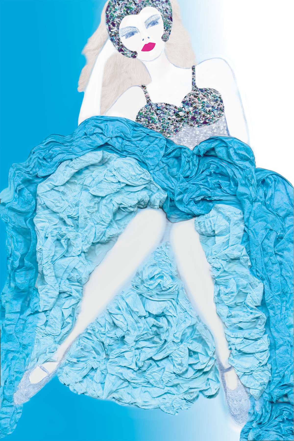 Cabaret Dancer in Blue Costume - Vibrant Digital Collage with handcrafted Paper textures - Paper Art - Paper Tease -