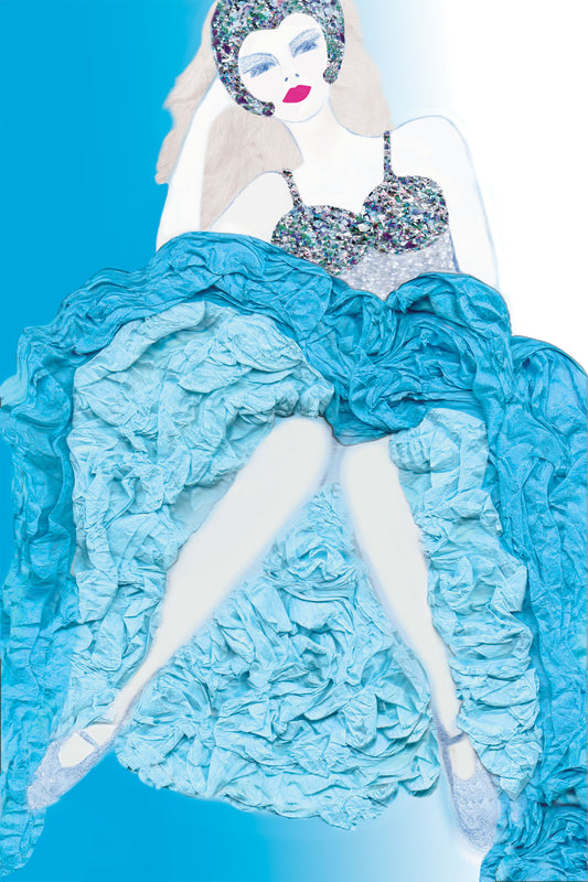 Cabaret Dancer in Blue Costume - Vibrant Digital Collage with handcrafted Paper textures - Paper Art - Paper Tease -