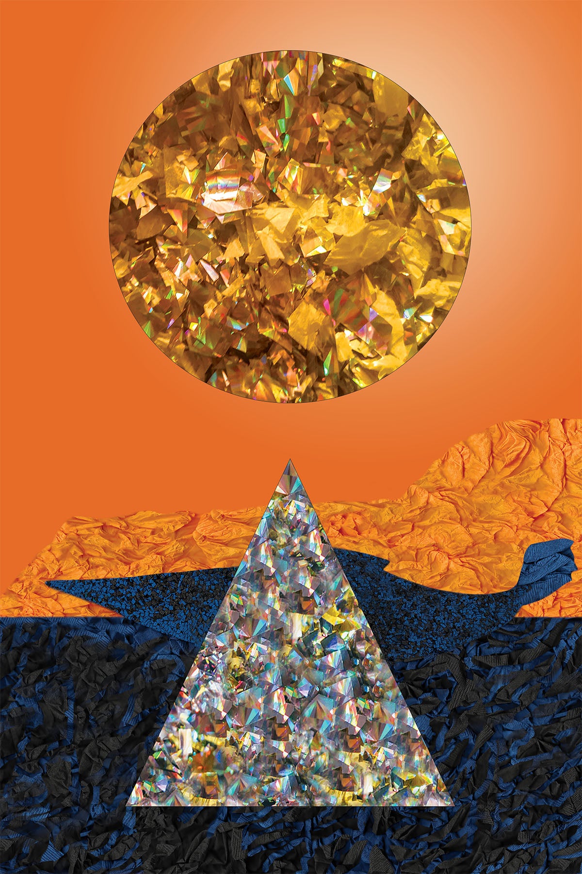 Abstract design with a circular top and triangular base on an orange and blue background - Vibrant Digital Collage with handcrafted Paper Textures -