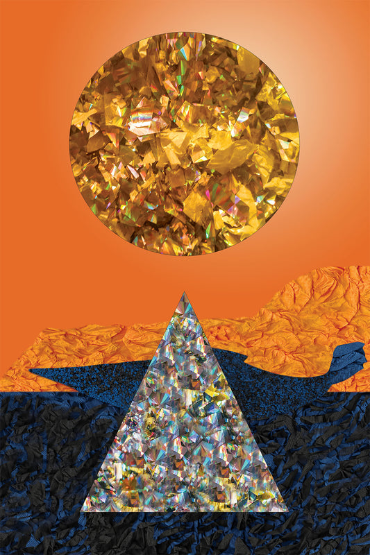 Abstract design with a circular top and triangular base on an orange and blue background - Vibrant Digital Collage with handcrafted Paper Textures -