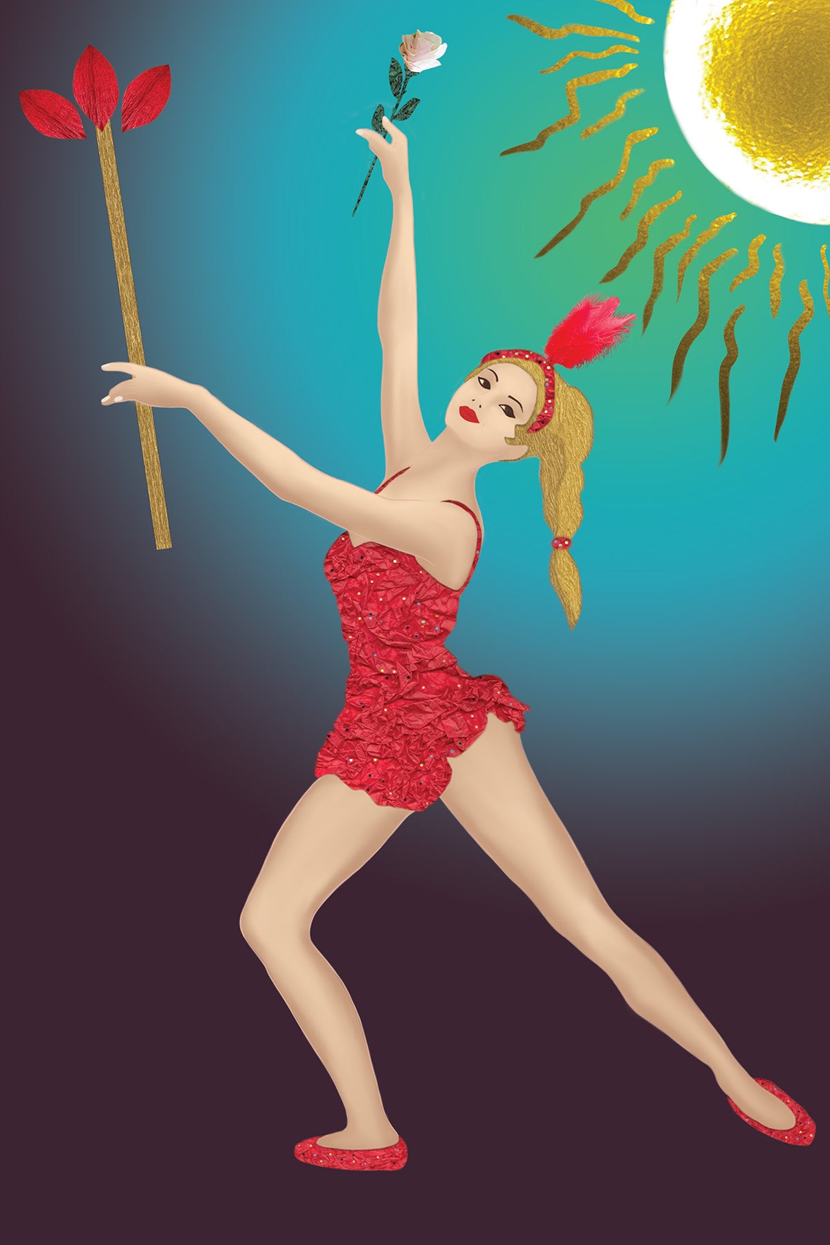 Ballerina in red costume holding a wand and a white rose - Vibrant Digital Collage - Tarot Archetype -