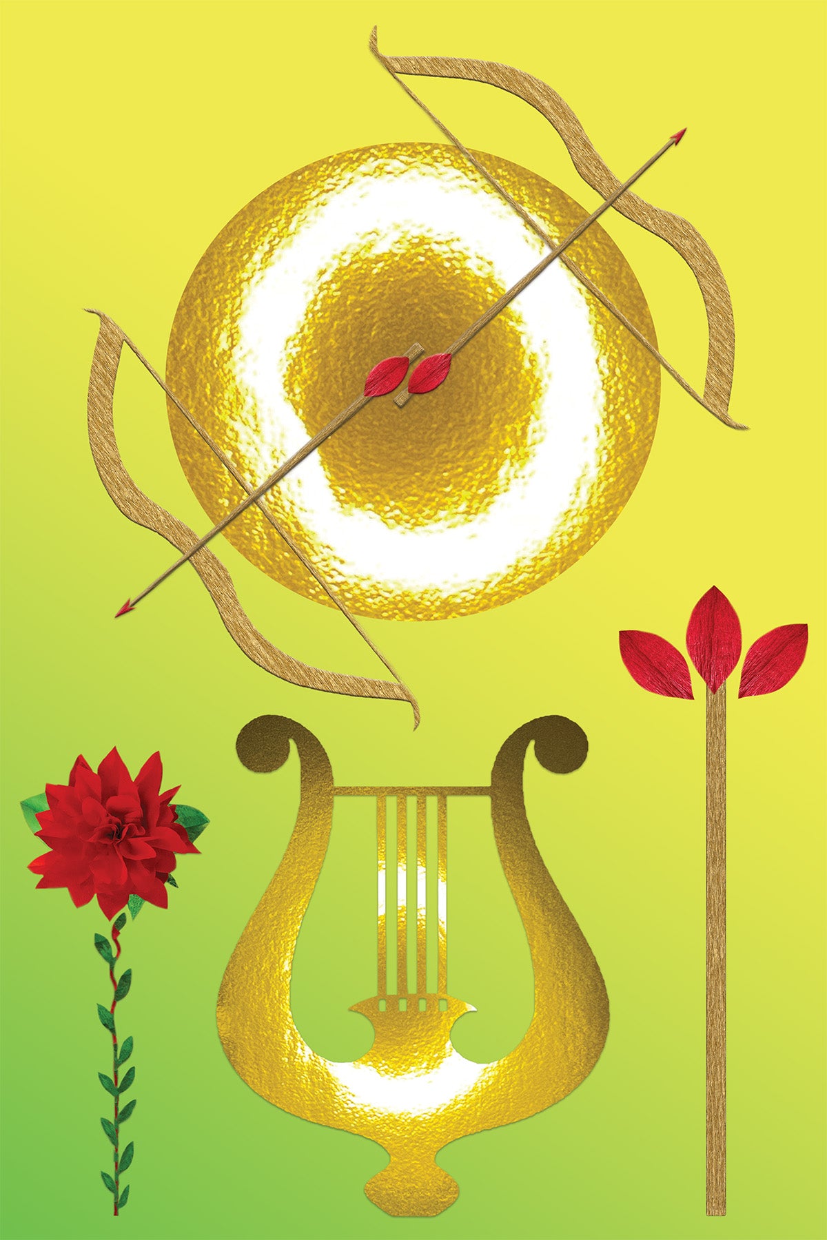 Golden Lyre with 2 Bows and Arrows on a bright Golden Gong with a Red Dalia and flaming wand - Digital Collage -